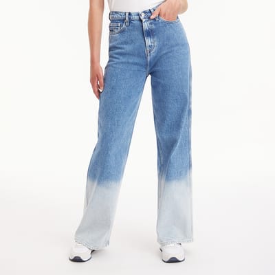 جينز واسع بخصر مرتفع وحواف متدرجة اللون 32 انش - ازرق