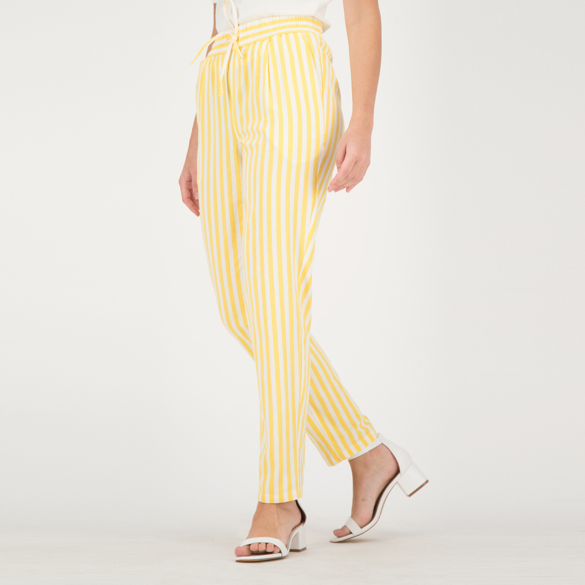 white and yellow striped pants