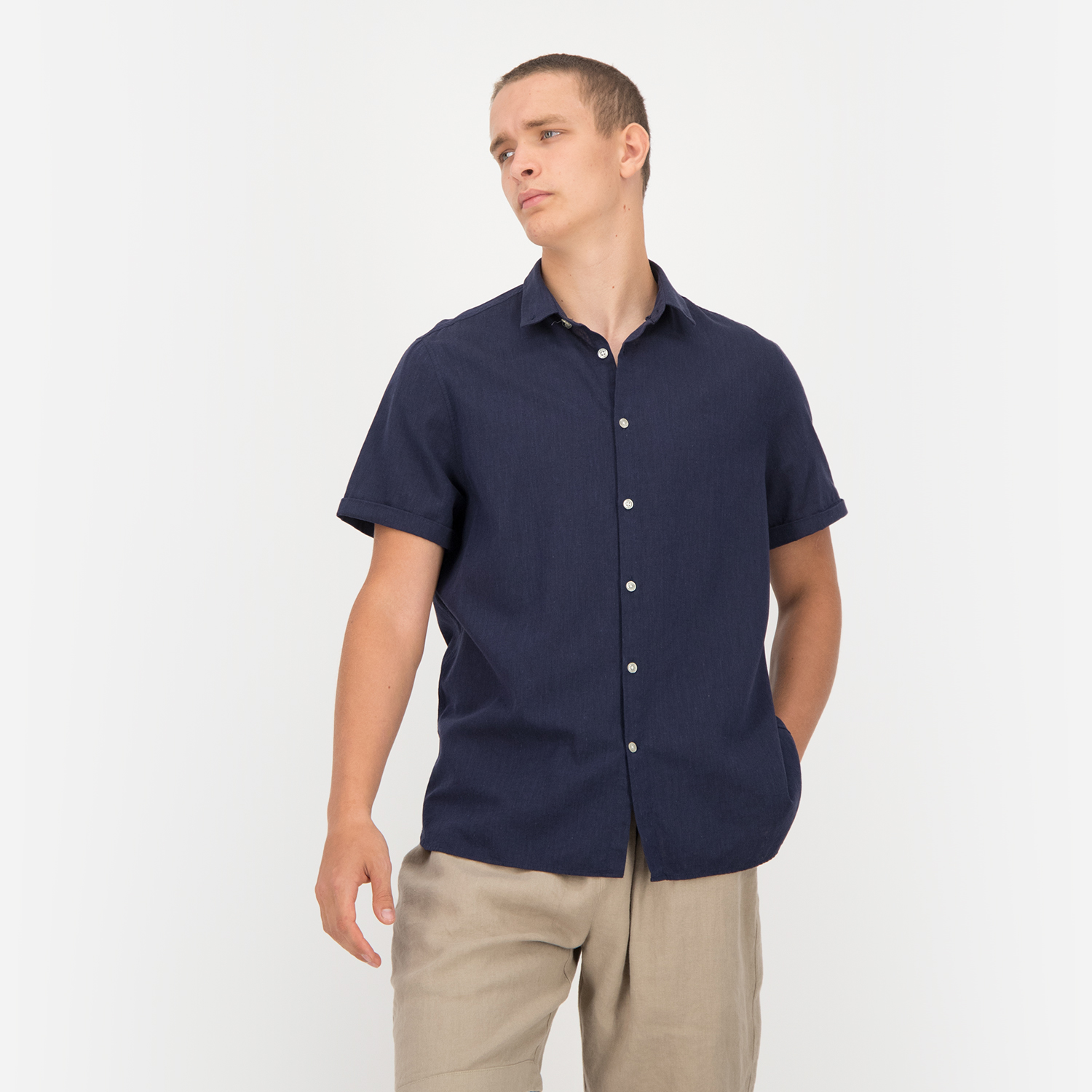 Buy Linen Short Sleeve Shirt - Navy Online in United Arab Emirates ...